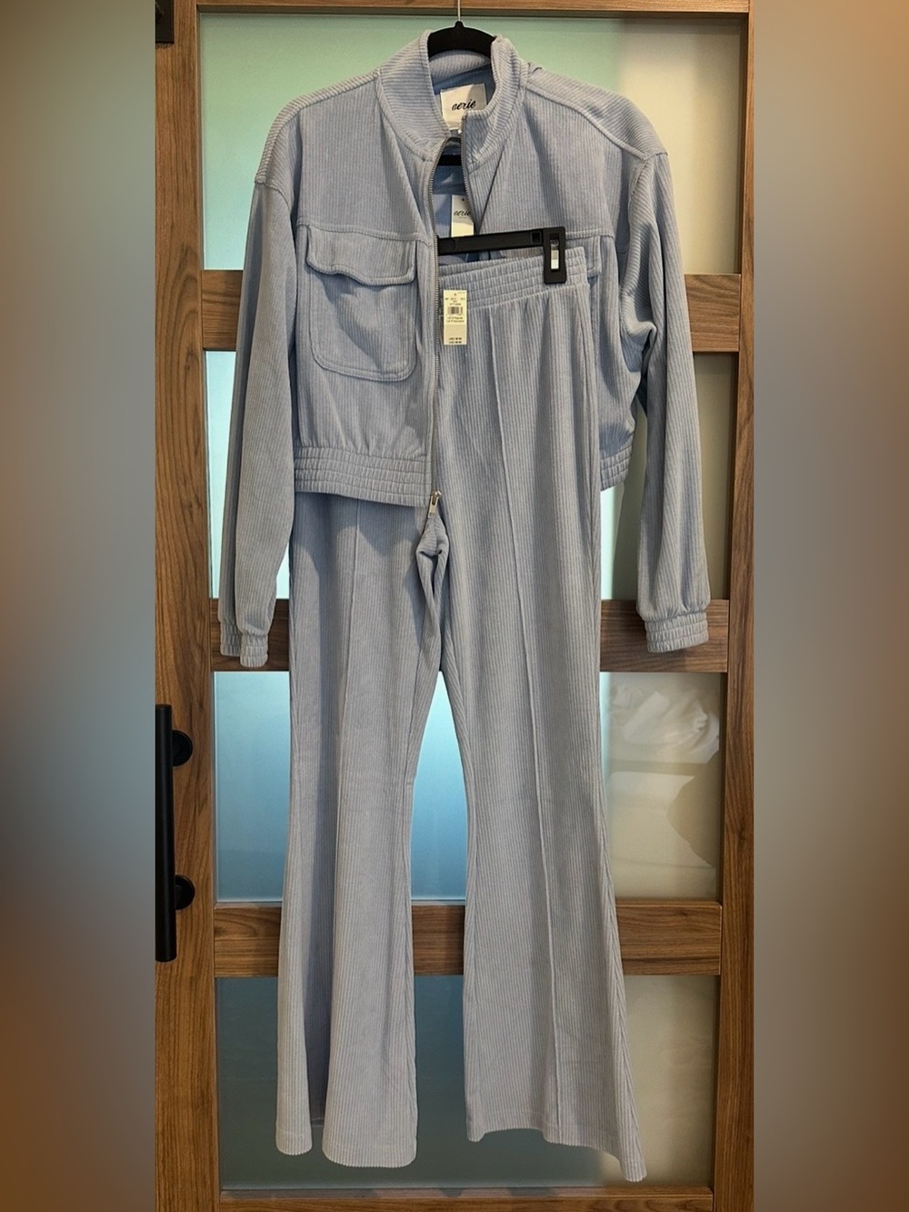 NWT aerie Light Blue Ribbed Wide leg Pants AND Matching Cropped Jacket